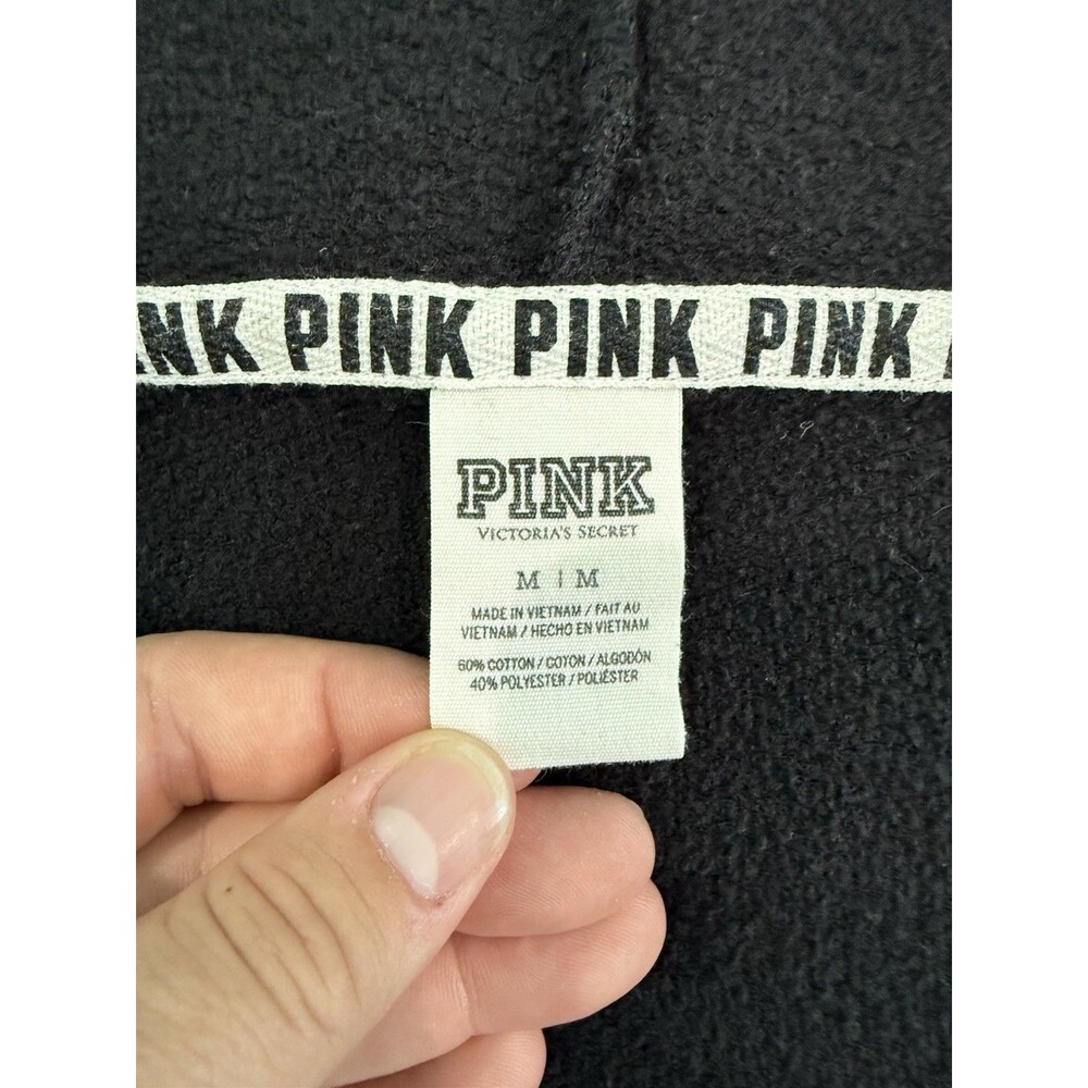 Victoria's Secret PINK Hoodie Womens M Black White Logo Sweatshirt Stripes - Picture 6 of 7